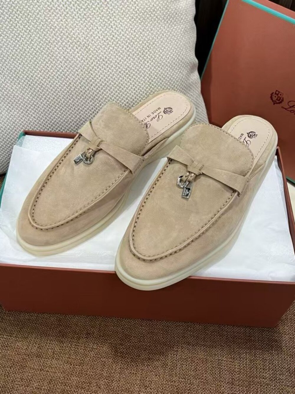 Loro Piana Beige Suede Mule Loafers